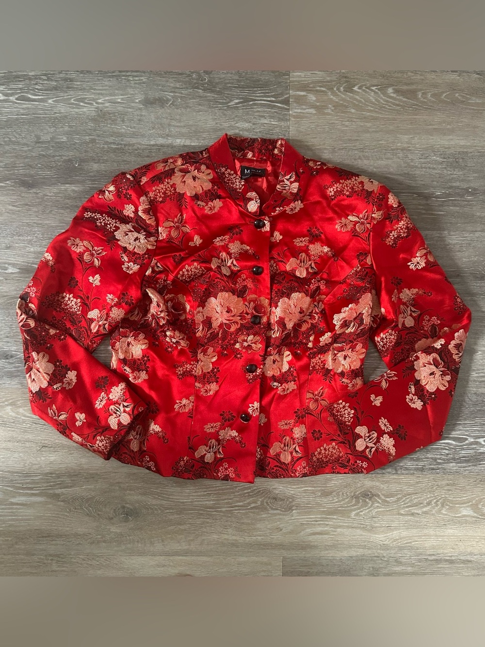 MSK Blazer Womens Large floral Red Silk Blend Asian Theme Mandarin Collar